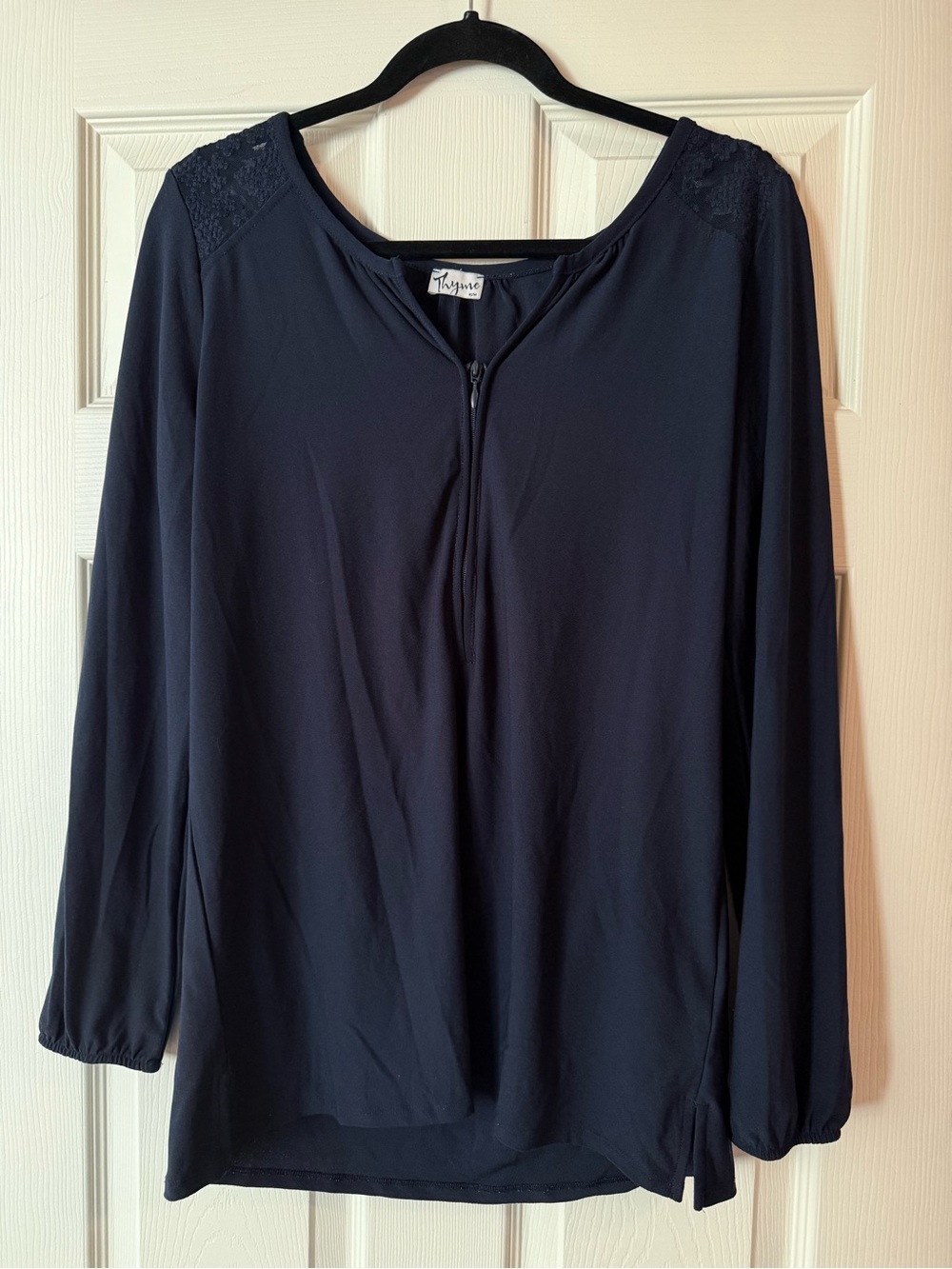 Thyme Maternity Navy Long Sleeve Zip-Front Blouse with Lace Shoulders